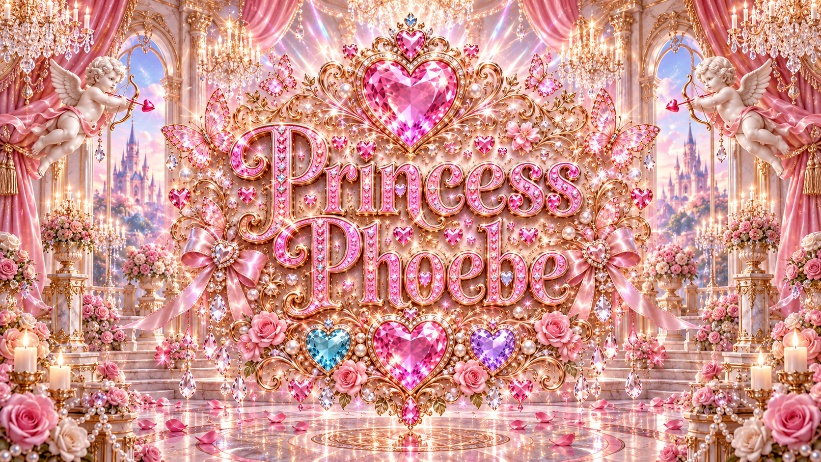 Princess Phoebe — pink and blue crystal lettering in a sparkling fantasy sky